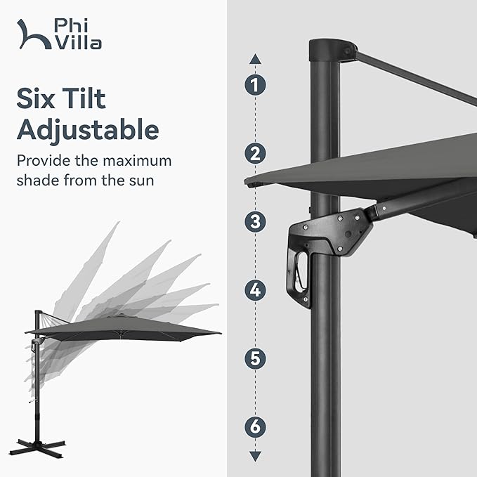 PHI VILLA 9'x 12' Cantilever Patio Umbrella with Crank Handle, 6-Level Tilt & 360° Rotation, Aluminum Square Outdoor Offset Umbrella Windproof & Crashproof for Garden, Deck, Pool (Grey)