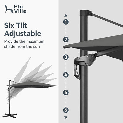PHI VILLA 9'x 12' Cantilever Patio Umbrella with Crank Handle, 6-Level Tilt & 360° Rotation, Aluminum Square Outdoor Offset Umbrella Windproof & Crashproof for Garden, Deck, Pool (Grey)