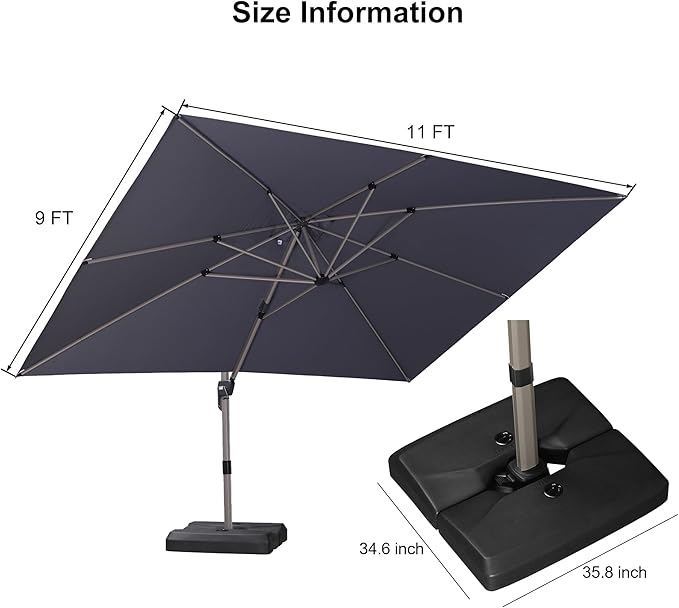 PURPLE LEAF 9' x 11' Patio Umbrella with Base Cantilever Umbrella Rectangular Outdoor Offset Umbrella with Champagne Frame and 360° Rotation for Garden Deck Pool, Light Grey