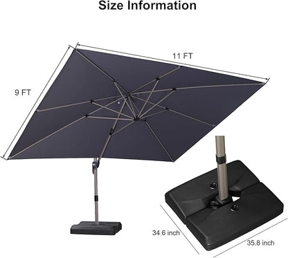 PURPLE LEAF 9' x 11' Patio Umbrella with Base Cantilever Umbrella Rectangular Outdoor Offset Umbrella with Champagne Frame and 360° Rotation for Garden Deck Pool, Light Grey