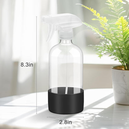 2 Pack Glass Spray Bottles with Silicone Sleeve, 16 oz Empty Refillable Containers with Adjustable Spray Nozzles, Spray Bottles for Hair, Cleaning Solutions and Plants Black