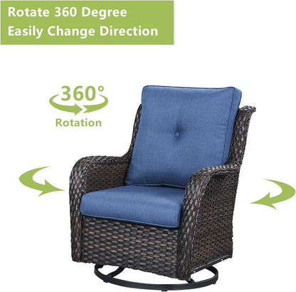Outdoor Patio Swivel Rocker Chairs - Single Wicker Rattan Patio Swivel Rocking Chair with High Back,Deep Seating and Comfort Cushions for Deck Porch Garden,Brown/Blue