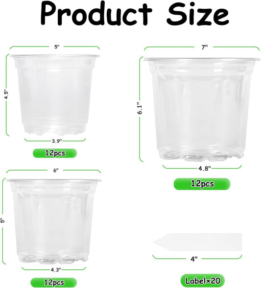 36 Pack5/6/7Inch Clear Nursery Pots with Drainage Hole,Variety Sizes Seed Starting Pots Transparent Plastic Plant Pots for Plants Transparency with 20 Plant Labels