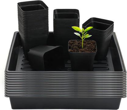 4 inch (10CM) Square Nursery Pots 120pcs, Sturdy Seedlings Trays 10 Pcs, Seeds Starter Germination Tray, Microgreening Planter Nursery Propagation 10 Sets
