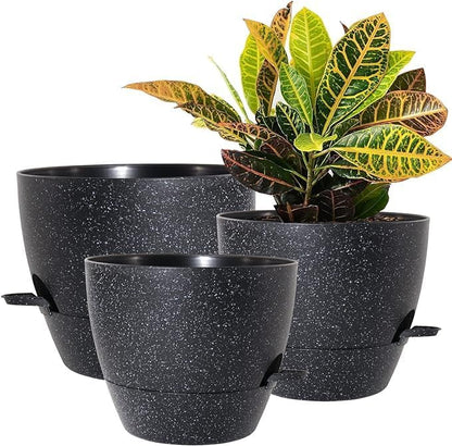 10/9/8 inch Self Watering Pots, Set of 3 Plastic Planters with Mesh Drainage Holes and Deep Reservoir for Indoor Outdoor Garden Plants and Flowers, Black Speckles