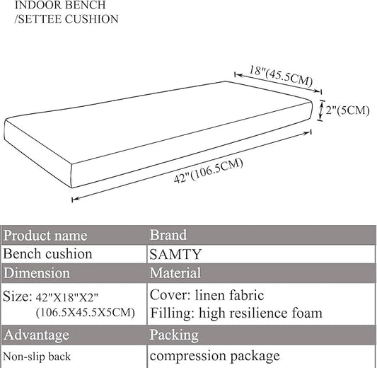 Bench Seat Memory Foam Chair Pads Non-Slip Rubber Back Indoor Swing/Settee Cushion 42 x 18 inch