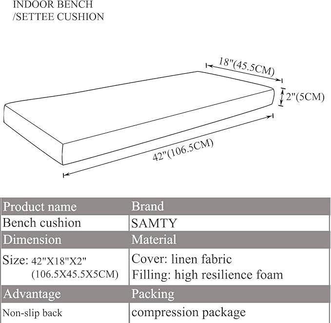 Bench Seat Memory Foam Chair Pads Non-Slip Rubber Back Indoor Swing/Settee Cushion 42 x 18 inch