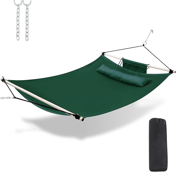 TegerDeger Anti-flip 12FT Hammock Large Hammock 450LB Capacity with Iron Spreader Bar & Nylon Rope for Outside, Patio, Garden, Backyard, Beach - Dark Green