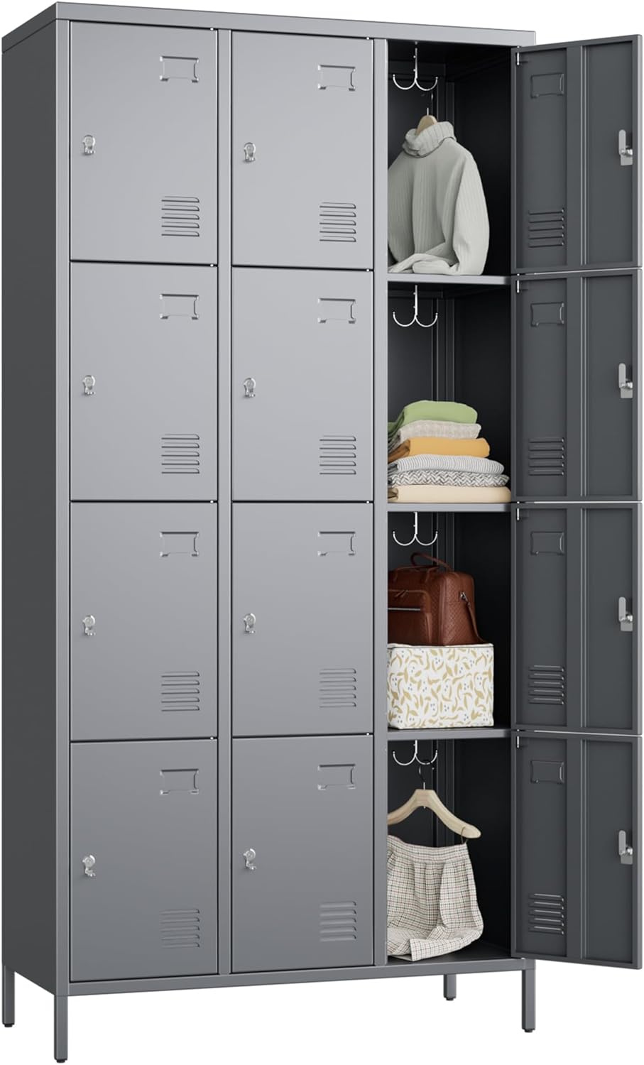 12 Doors Metal Lockers for Employees with 12 Hooks, Storage Locker with Business Card Holder for Office Gym School Bedroom, Assembly Required, Dark Gray