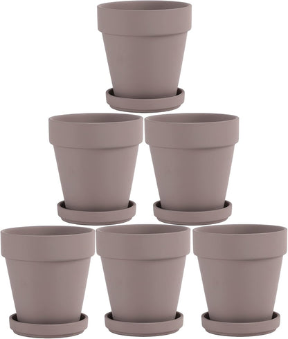 Grey Terra Cotta Pots with Saucer - 6-Pack Small 4'' Clay Ceramic Pottery Planter for Cactus, Flowers, Succulents - Drainage Hole, Great for Plants, DIY Craft Projects