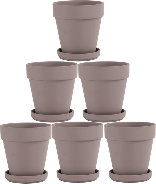 Grey Terra Cotta Pots with Saucer - 6-Pack Small 4'' Clay Ceramic Pottery Planter for Cactus, Flowers, Succulents - Drainage Hole, Great for Plants, DIY Craft Projects