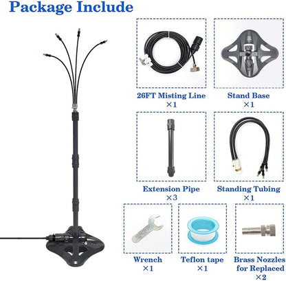 UR Forest Updated Standing Misting Cooling System 26FT Misting Line + 4 Brass Misting Nozzles,4 Height Option, Stand Mister Hose for Outside Outdoor Patio, Pet Cooling, Kids Water Playing