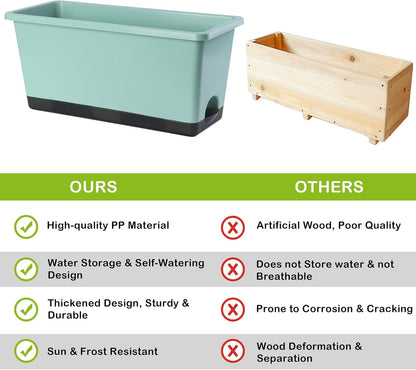 Window Box Planter 6 Pcs, 17 Inches Rectangle Flower Pots with Drainage Holes and Trays, Vegetable Planters for Windowsill Patio Garden Balcony Home Porch Yard Indoor Outdoor (Green, 17*7.4*7.8 inch)