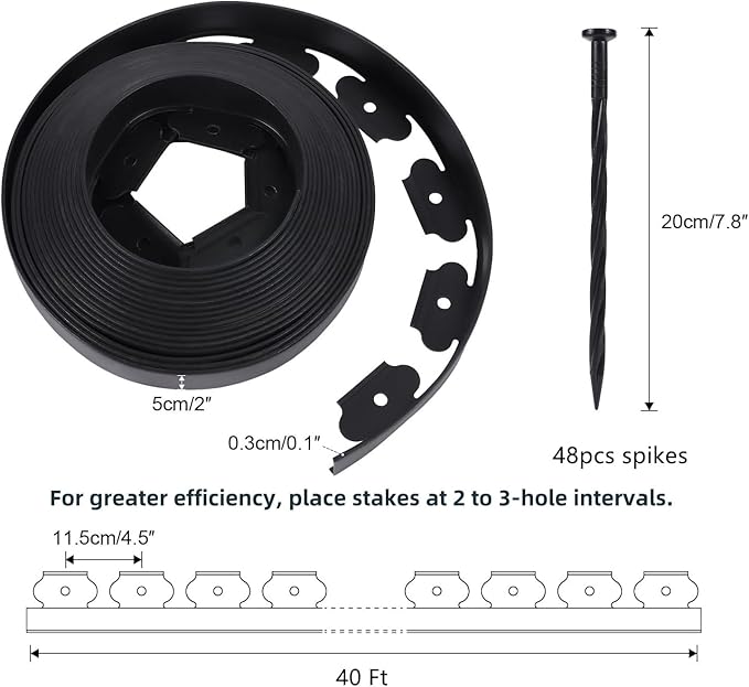 2 Inch Tall No Dig Durable Garden Landscape Edging Kit, Black Plastic Lawn Border with 48pcs Anchoring Spikes for Landscaping, Flower Gardens, Lawn (40FT+48pcs Anchoring Spikes)