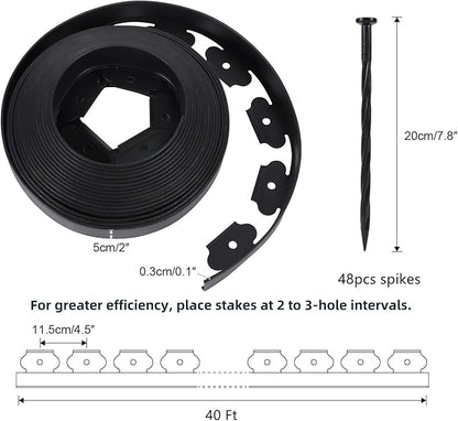 2 Inch Tall No Dig Durable Garden Landscape Edging Kit, Black Plastic Lawn Border with 48pcs Anchoring Spikes for Landscaping, Flower Gardens, Lawn (40FT+48pcs Anchoring Spikes)