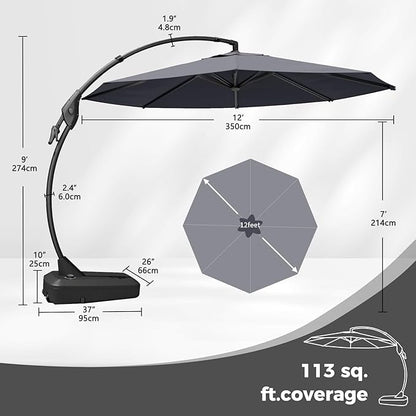 Grand patio 12 FT Sunbrella Outdoor Cantilever Umbrella with Base Patio Large Aluminum Offset Umbrella for Deck Yard (Charcoal-SUNBRELLA, 12 FT)