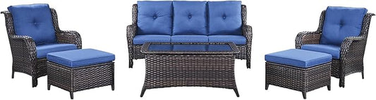 Rilyson Outdoor Patio Wicker Furniture Set - 6 Piece Rattan Patio Conversation Sectional Sofa Set with 1 Couch,2 Armchairs,2 Ottomans and 1 Glass Top Coffee Table for Porch Deck Garden(Brown/Blue)