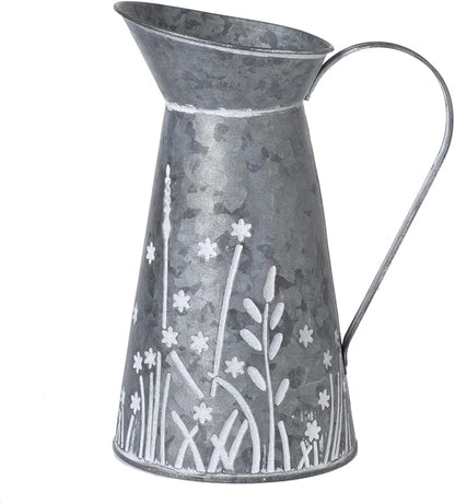 Vintage Galvanized Metal Pitcher Vase, Farmhouse Rustic Flower Vase with Handle, Decorative Floral Milk Jug Vase for Home Décor, 10.8’’H