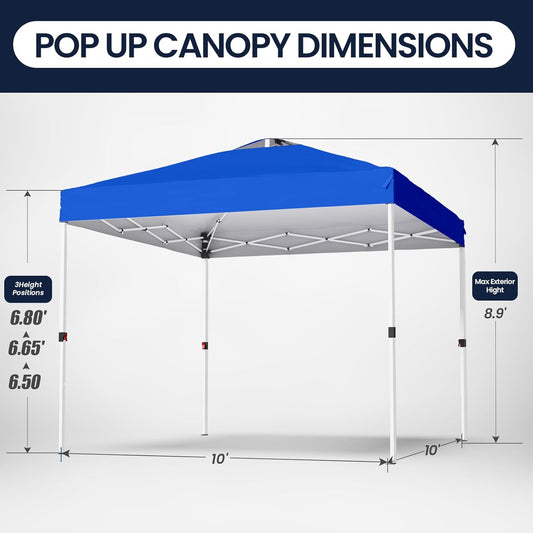 Shades 10x10 Pop Up Canopy with One Push Setup,Heavy Duty Beach Tent with Wheels for Easy Moving, Sun Shelter for Parties,Events, Outdoor Gazebo with 420D Coated Waterproof Blue Fabric