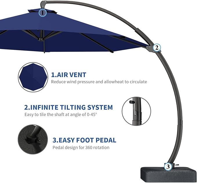 Outdoor Patio Umbrella with Sand Bag Included, 11 FT Deluxe Curvy Cantilever Umbrella Offset Hanging Umbrella with 360° Rotation for Market, Pool, Garden, Backyard, Deck
