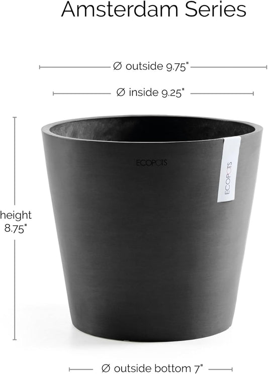 Ecopots Amsterdam Durable Modern Round Indoor/Outdoor Recycled-Based Composite Flower Pot Planter, Dark Grey, 10"