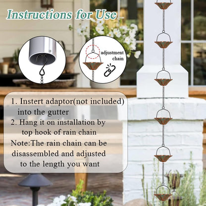 10 FT Lotus Rain Chain, Rain Chains for Gutters with 12 Bronze Cups, Adjustable Rain Catcher Chain with Bell for Eaves Drainage, Replacement for Downspout