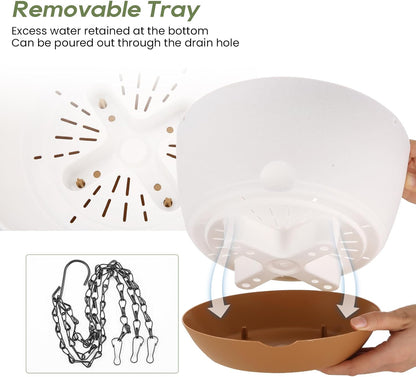 8.3 Inch Hanging Planter, 3 Pack Hanging Plastic Plant Self Watering Pot with Drainage Holes and Saucers, Hanging Baskets Flower Pots for Indoor Outdoor Garden Plants and Flowers-White