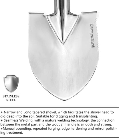 Berry&Bird Short Hand Shovel, 19.8’’ Digging Trowel for Gardening with Wood Handle Stainless Steel Round Point Spade Shovel with Serrated for Cutting, Transplanting & Weeding