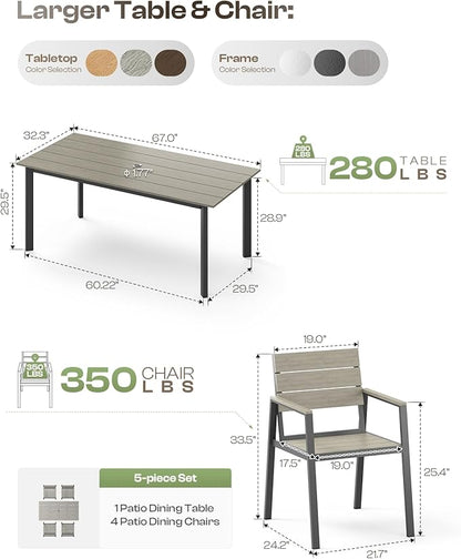 Outdoor Dining Set for 4, Patio Table and Chairs Set with Umbrella Hole, 5 Pieces HDPS Outdoor Furniture Sets for Patio, Garden, Backyard (Gray)