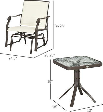 Outsunny 3 Piece Outdoor Glider Chair with Coffee Table Bistro Set, 2 Patio Rocking Swing Chairs with Breathable Sling Fabric, Glass Tabletop, for Backyard, Garden and Porch, Cream White