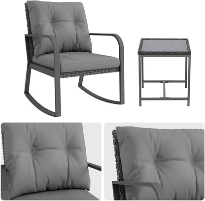 Bistro 3 Piece Patio Furniture Set, Patio Table and Rattan Outdoor Rocking Chairs Set of 2, Outdoor Bistro Conversation Set for Garden, Balcony, Poolside, Backyard, Grey