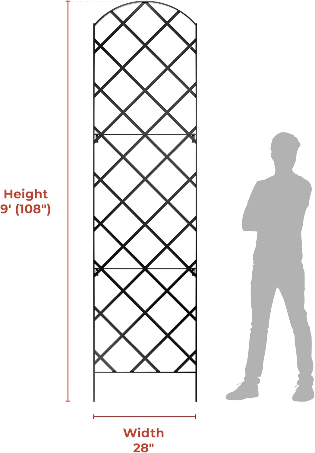 Giant Trellis, 108” high (9’ Tall) by 28” Wide Trellis with Arched top - by Meranti Home + Garden
