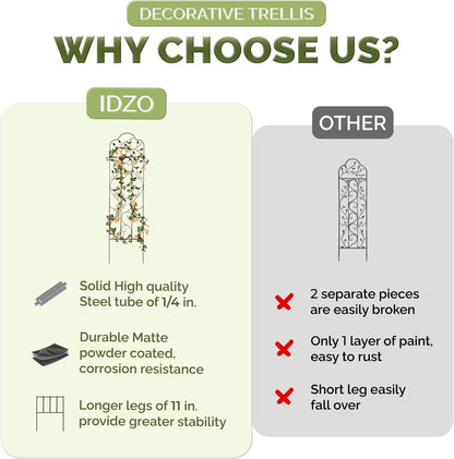 Idzo Decorative Metal Trellis for Climbing Plants Outdoor, Anti-Corrosion Powder Coated Garden Trellis, Sturdy Long Spikes, 60 Inch