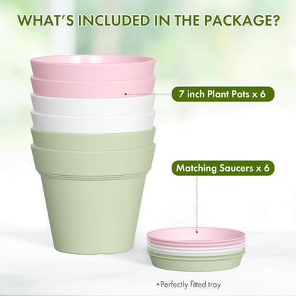 7 Inch Thick Plastic Plant Pots with Drainage Holes and Trays – 6 Pack Nursery Pots for Indoor & Outdoor House Plants, Seedling Starter Planters for Garden Flowers, Colorful