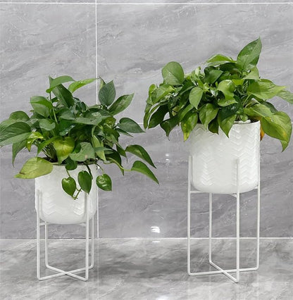 TRIROCKS Set of 2 Planters with Stand Indoor Outdoor Metal Plant Stand 18 &12" Tall Modern Planters Flower Pots for Living Room Corner Kitchen Office Garden Balcony Patio Decor(White)