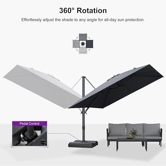 PURPLE LEAF 10' × 10' Patio Cantilever Umbrella Outdoor Square Adjustable Offset Umbrellas with 360-degree Rotation and 8 Heavy Duty Metal Ribs for Garden Deck Pool Gray