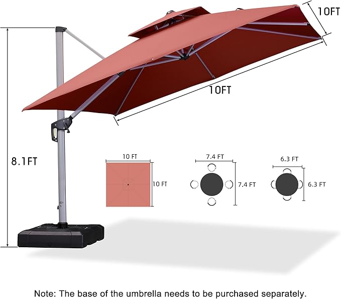 PURPLE LEAF 10ft Patio Umbrella Outdoor Square Umbrella Large Cantilever Umbrella Windproof Offset Heavy Duty Sun for Garden Deck Pool Patio, Brick Red