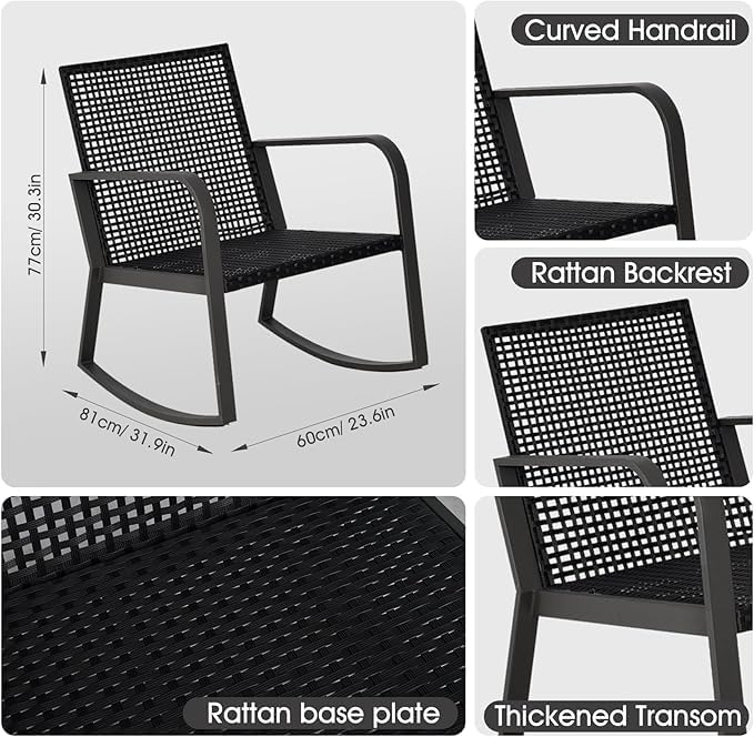 Bistro 3 Piece Patio Furniture Set, Patio Table and Rattan Outdoor Rocking Chairs Set of 2, Outdoor Bistro Conversation Set for Garden, Balcony, Poolside, Backyard, Red