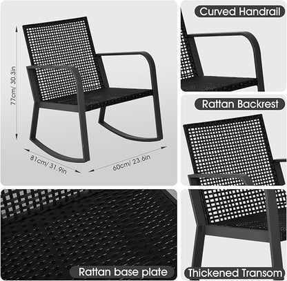 Bistro 3 Piece Patio Furniture Set, Patio Table and Rattan Outdoor Rocking Chairs Set of 2, Outdoor Bistro Conversation Set for Garden, Balcony, Poolside, Backyard, Grey