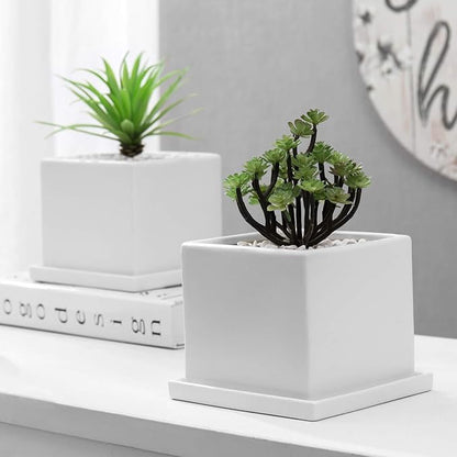 MyGift Modern White Ceramic Small Plant Pot, Decorative Square Flower Succulent Planter, Set of 2