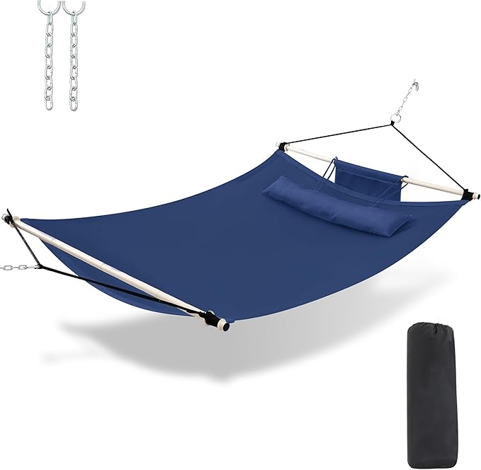 TegerDeger Anti-flip 12FT Hammock Large Hammock 450LB Capacity with Iron Spreader Bar & Nylon Rope for Outside, Patio, Garden, Backyard, Beach - Blue