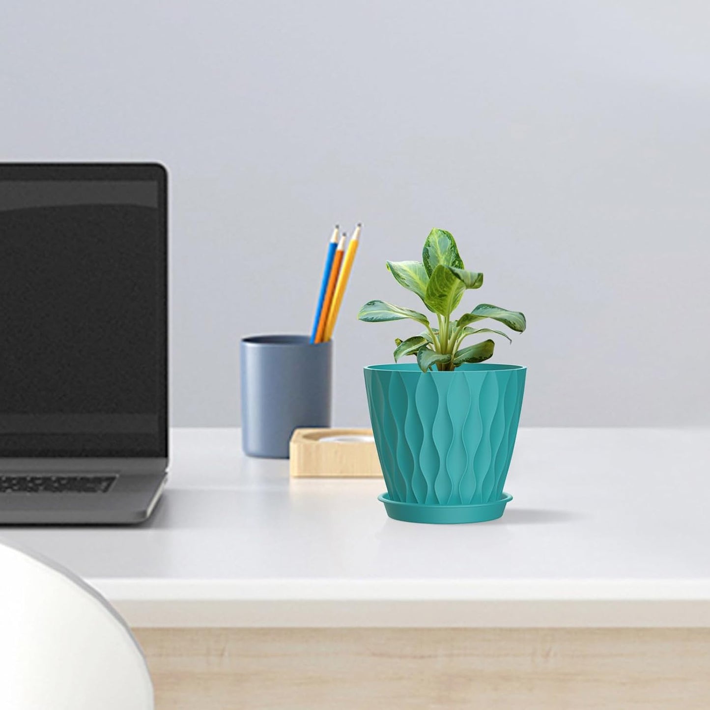 4 inch Small Plastic Nursery Pots, 5 Pack Water Ripples Flower Pots for Indoor Plants, Plant Pots with Drainage Holes and Saucers, Seedling Starter Planters for House Plants, Blue Green