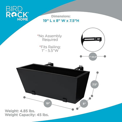 BIRDROCK HOME 2pk Metal Railing Planter Box | Flower Boxes for Deck Railings | Adjustable Rail Hanging Bracket | Black Balcony Boxes | House Apartment Plant Pot
