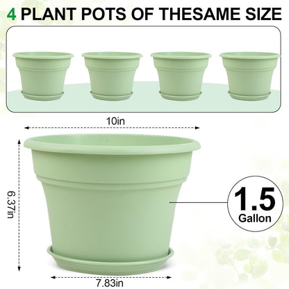 10 Inch Plastic-Flower-Pot-for-Indoor-Plants, 4 Pack Large Outdoor Planter Pot with Drainage Holes & Saucers, Resin Decorative Garden Pots Planters