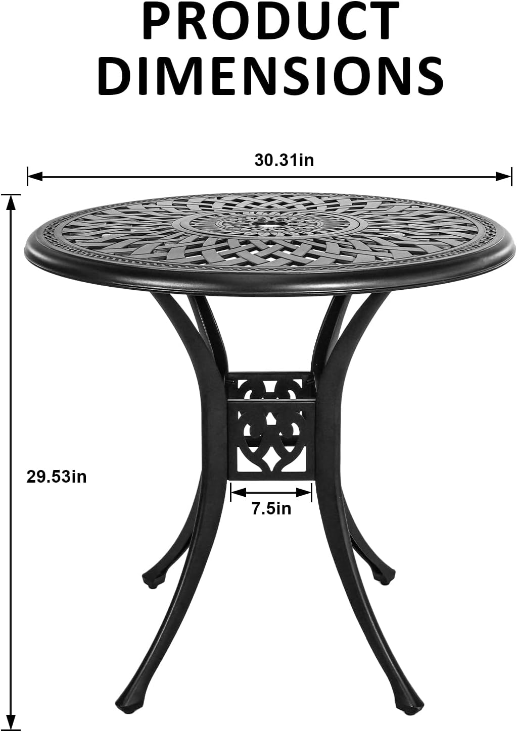 30 inches Patio Table with Umbrella Hole, Round Outdoor Table, Cast Aluminum Bistro Table, Metal Side Table for Porch Backyard, Black