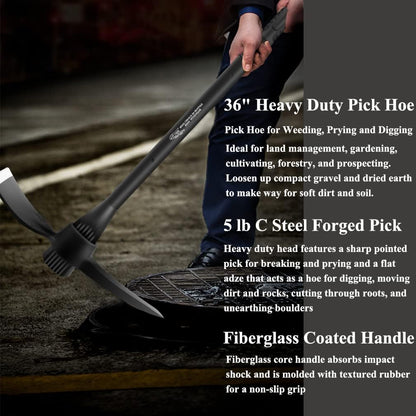 glorousamc Forged Adze Pick, Weeding Mattock Hoe Pick Mattock with Fiberglass Handle, Garden Pick, Great for Loosening Soil, Archaeological Projects (5LB-with 36" Fiberglass Handle)