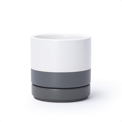 D'vine Dev 4.7 Inch Ceramic Planter Pot with Drainage Hole and Saucer, Indoor Cylinder Round Planter Pot, White/Speckled Grey, 94-O-B-6