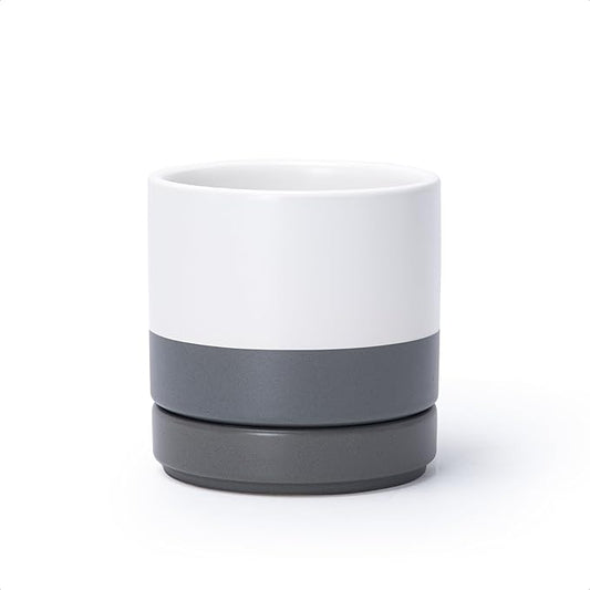 D'vine Dev 4.7 Inch Ceramic Planter Pot with Drainage Hole and Saucer, Indoor Cylinder Round Planter Pot, White/Speckled Grey, 94-O-B-6