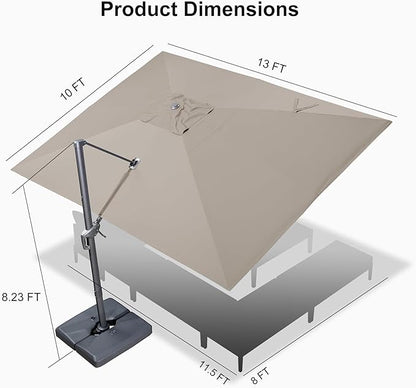 PURPLE LEAF 10' X 13' Patio Umbrella Large Rectangle Outdoor Aluminum Cantilever Umbrella with 3-Year Fade Resistance Recycled Fabric and 360-degree Rotation for Deck Pool Garden, Ash Mocha
