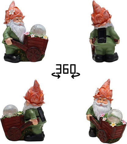 Solar Garden Gnome Statue with Crackle Glass Globe Lights, Waterproof Outdoor Decor for Patio, Lawn, or Yard, Whimsical Housewarming Gift(Green Gnomes)